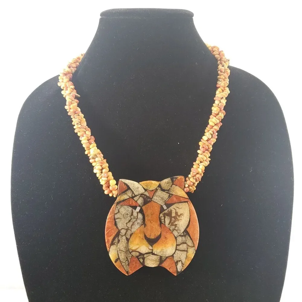 Vintage Lee Sands Inlaid Lion Pendant Statement Necklace Coral Orange 9" 22" - Picture 1 of 12